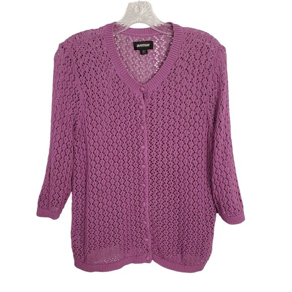 Avenue Size 14 16 Cardigan Open Knit Sweater Layering Purple Cotton 3/4 Sleeve - Picture 2 of 6